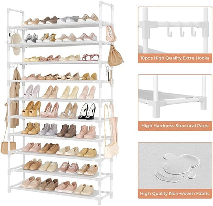 LANTEFUL Tall Shoe Rack 10 Tier Shoe Organizer Large Shoe Shelf with 18 Hooks Storage for 50 Pair Sneaker and Boot, Stackable Vertical Shoe Rack Organizer for Closet, Entryway, Bedroom, White