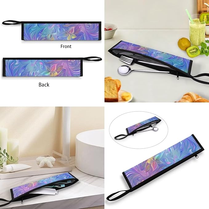 COEQINE Abstract Flower Utensil Holder Rainbow Flatware Irganizer for Cutlery Pouch Metal Straws Case With Handles for Work Travel Accessories Lightweight Foldable Tableware Bag