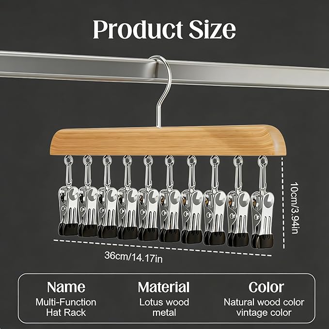 Closet Organizer with 10 Clips, Space Saving Hanging Closet Organizers Adjustable Wooden Legging Organizer for Closet, Stainless Steel Pants Hanger with Clips for Women Men (Wood, 1pcs)