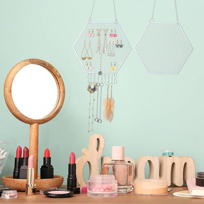 Jetec 2 Pcs Earring Wall Holder Wall Mounted Earring Organizer Hanging Jewelry Stand Decorative Diamond Grid Shape Display Rack with Hooks for Earrings Necklace Bracelet(White)