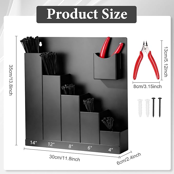 Cable Tie Holder with Cutter Pliers & 250 Zip Ties Wall Mount Zip Tie Storage Rack Organizer for Garage Tool Rooms Workshop