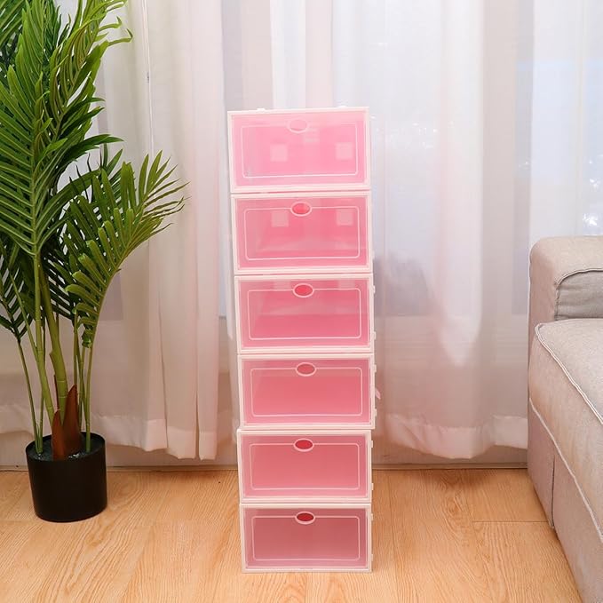 6pcs Thick Shoes Storage Box Plastic Shoe Container Stackable with White Frame Pink for Men Closet Organization
