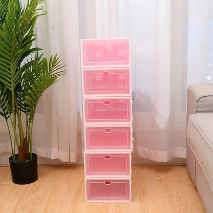 6pcs Thick Shoes Storage Box Plastic Shoe Container Stackable with White Frame Pink for Men Closet Organization