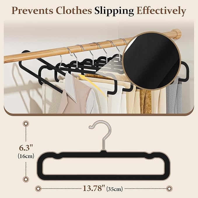 Velvet Felt Pants Hangers 30 Pack – Heavy Duty Space Saving Clothes Hangers with 360° Swivel Hook, Non-Slip Thin Design for Suits, Shirts, Coats, Dresses – Includes 30 Hooks (Black)