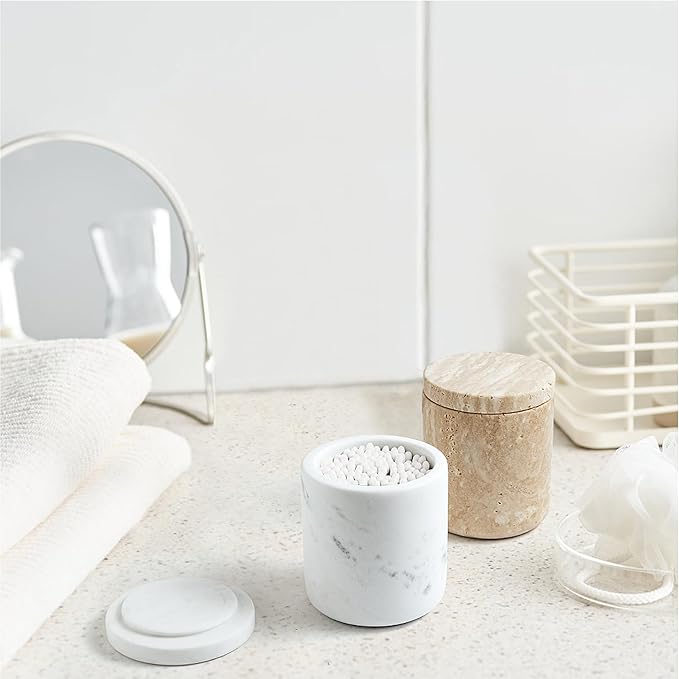 Marble Qtip Holder with Lid Natural Cotton Ball Container for Cotton Swabs,Makeup Sponges,Bath Salt Large Capacity Bathroom Canisters Jars for Countertop Storage and Organization White (WH051)
