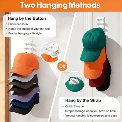 2 Pack Hat Organizer for Baseball Caps, Hat Rack for Wall with Strong Adhesive, Wall Mounted Hat Hooks Hold up to 16 Hats for Closet Door and Bedroom (White)