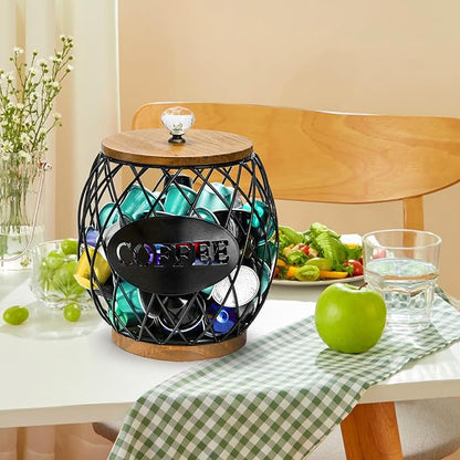 WRINGKIT Coffee Pod Holder with Lid, Large Capacity K Cup Storage Basket, Black Wire Coffee Pod Basket Decor for Countertop, Round Coffees Holder for Keurig Kcups, Espresso Capsules, Christmas Gift