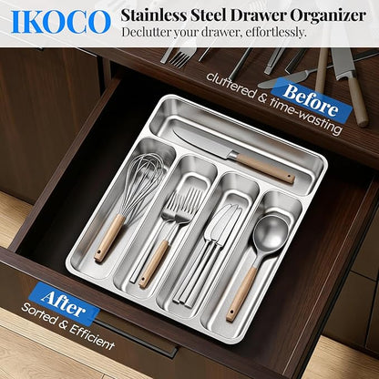 IKOCO 2-Pack Silverware Organizers Stainless Steel Kitchen Drawer Organizer with 5 Compartments, Dishwasher Safe for Spoons Forks Knives (13.8”x11.4”x1.6, Silver)