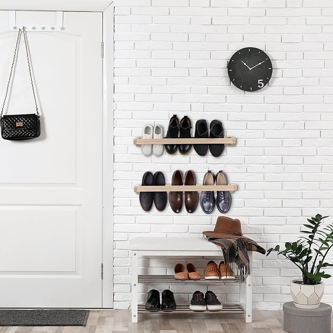 Wenqik 4 Pcs Wall Mounted Wooden Shoe Rack 30 Inch Rustic Wood Wall Hanging Shoe Rack Space Saving Footwear Holder Shoes Storage Organizer for Mudroom, Entryway, Closet (Wood Color)