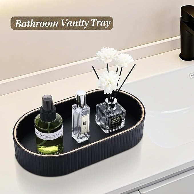 GORESE PU Leather Valet Tray Nightstand Organizer, Oval Perfume Trays Key Bowl Jewelry Dish for Bedside Dresser Entryway Table, Vanity Tray for Bathroom, EDC Trays for Men Women, 11×5.9 in, Black