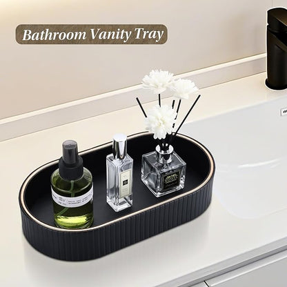 GORESE PU Leather Valet Tray Nightstand Organizer, Oval Perfume Trays Key Bowl Jewelry Dish for Bedside Dresser Entryway Table, Vanity Tray for Bathroom, EDC Trays for Men Women, 11×5.9 in, Black