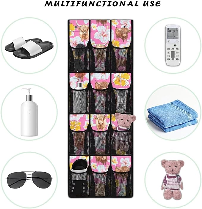 Pink Highland Cattle Shoe Organizer for Door Hanging Mesh Fabric Kids Room Organizer with 12 Pockets,Easy to Install Over The Door Storage -4 Metal Hook