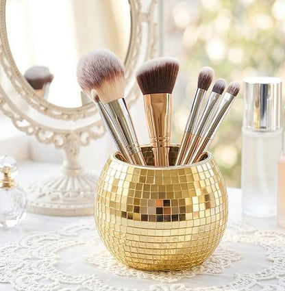 Glass Disco Ball Pen Holder with Smooth Grouting - Premium Mirror Mosaic Pencil Cup for Desk, Cute Makeup Brush Holder, Aesthetic Room Decor Gift (gold)