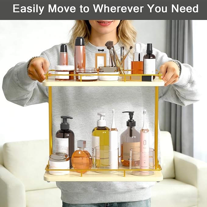 REFGY 2 Tier Bathroom Countertop Organizer, Solid Wood Desktop Storage Shelf with Gold Metal Frame, Versatile Spice Rack & Makeup Organizer for Kitchen, Dresser, Home Essentials