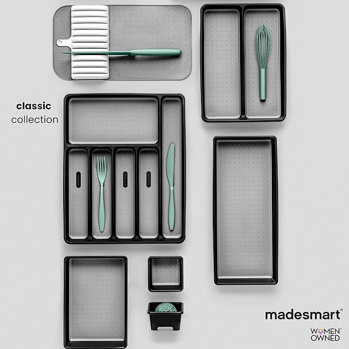 madesmart Expandable Silverware Tray, 8 Compartment Silverware Organizer for Forks, Knives & Spoons, Non Slip, Soft Grip Base, Expands to Fit Most Drawers, Carbon