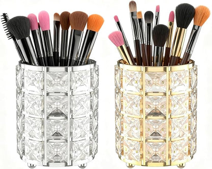 LUGUNU Makeup Brush Holder with Golden Silver Crystal Bling – Elegant Vanity Organizer for Brushes, Pens & Pencils, Ideal for Bathroom or Office Countertop(2Pack)