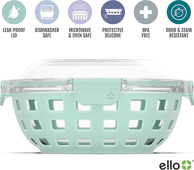 Ello Duraglass Meal Prep Container- Glass Food Storage Container with Silicone Sleeve and Airtight BPA-Free Plastic Lid, Dishwasher, Microwave, and Freezer Safe