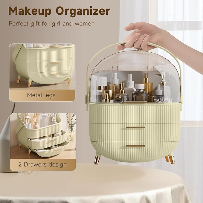 BTGGG Makeup Organizers, Make Up Organizer for Vanity, Countertop Cosmetic Storage with Drawers and Transparent Cover for Bedroom Bathroom, Maize-yellow