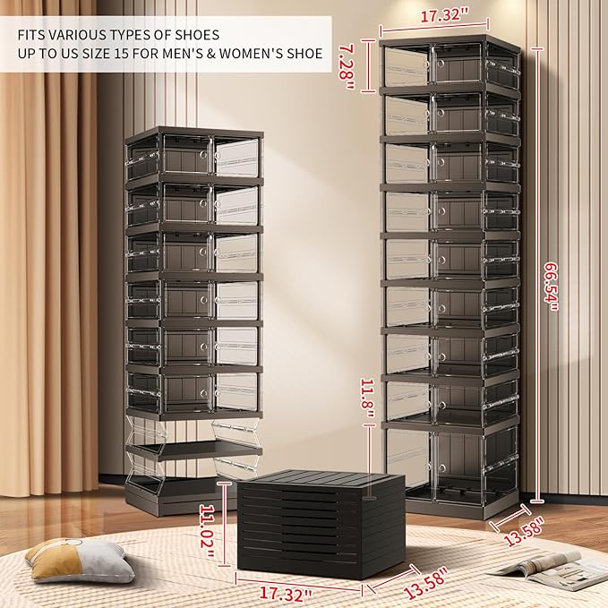 CIMLORD 9-Tier Foldable Shoe Rack for Closet Entryway 9-18Pairs,Stackable Clear Shoe Storage Boxes Organizer with Door Plastic Small Shoe Cabinet Bins with Lids Shoes Shelf Easy Assembly Black