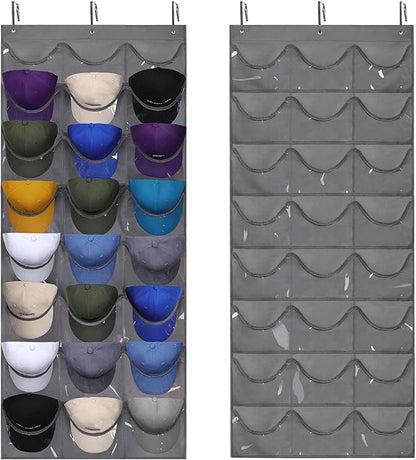 Dofilachy Hat Rack - Hat Organizer - Hat Racks for Baseball Caps, Visible Hat Holder - Baseball Cap Rack for Wall Door with 3 Hooks, 24 Deep Pockets (Dark grey, 1 pack)