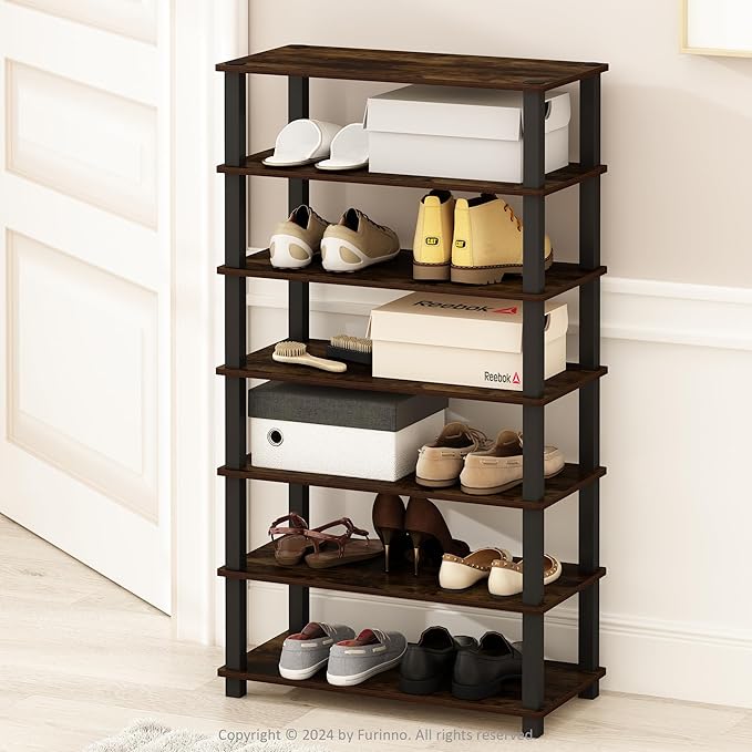Furinno Turn-S-Tube Set of 2 Shoe Rack, 4-Tier Shoe Organizer, Shoe Storage with Multipurpose, 11.6 x 23.6 x 22.3, for Closet Entryway, Office, Garage, Amber Pine/Black