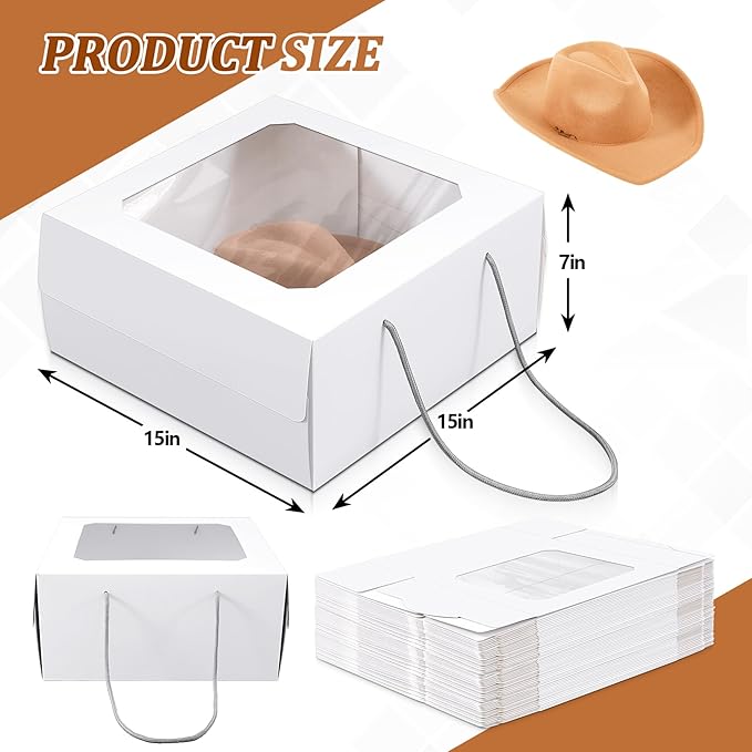 Feifeiya 1 Pcs White 15 x 15 x 7 inch Hat Boxes with Window for Travel Large Cardboard Hat Case Organizer Storage with Lid and Handles Portable Cardboard Boxes Display for Storage Present Packing