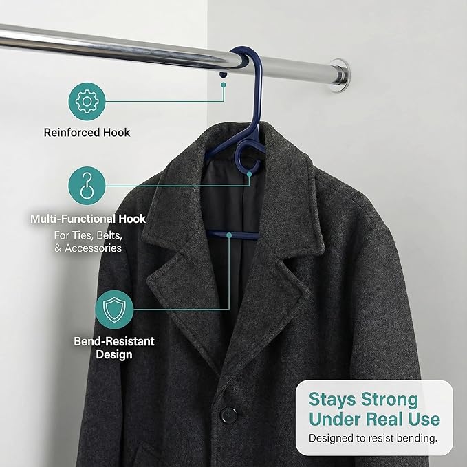 DEILSY™ Navy Heavy Duty Hangers with Hooks for Scarves & Belts – Thick and Strong Clothes Hangers for Shirts, Jackets, Pants, and Dresses – Space-Saving Plastic Hangers – Pack of 30