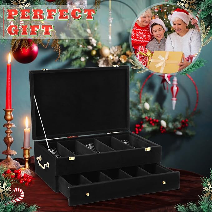 Pickmesh Silverware Case with Lid and Handle, Silverware Storage Box Sterling Silver Flatware Chest Without Silver Tarnish Proof Utensils Organizer for Kitchen Decor Wedding Gifts (Black,2 Layer)
