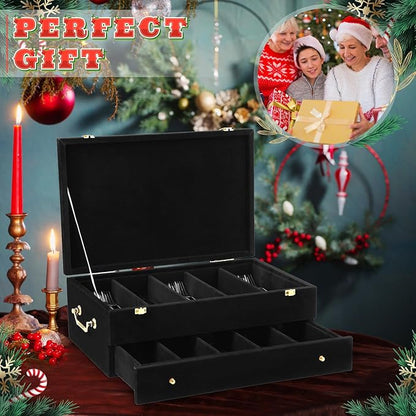 Pickmesh Silverware Case with Lid and Handle, Silverware Storage Box Sterling Silver Flatware Chest Without Silver Tarnish Proof Utensils Organizer for Kitchen Decor Wedding Gifts (Black,2 Layer)