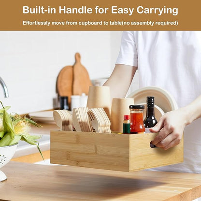 Bamboo Utensil Holder for Party, 6-Compartment Paper Plate and Silverware Organizer with Handles, Utensil Caddy for Parties, Outdoor Gatherings, and Kitchen Countertop Organization