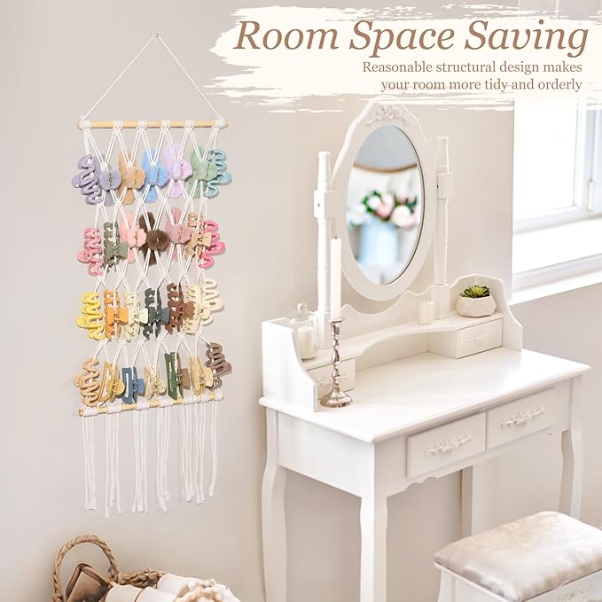 SNOWSTAR Macrame Claw Clip Organizer, Hanging Hair Clip Holder for Women Girls, 4-Tier Diamond-Shaped Grid Claw Clip Hanger, Hanging for Wall,Door,Closet. (white)