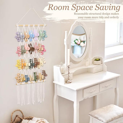 SNOWSTAR Macrame Claw Clip Organizer, Hanging Hair Clip Holder for Women Girls, 4-Tier Diamond-Shaped Grid Claw Clip Hanger, Hanging for Wall,Door,Closet. (white)
