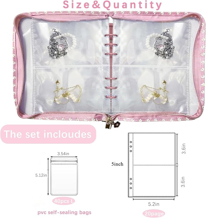Jewelry Organizer Travel,Jewelry Storage Book with 40 Large PVC pouches,Portable Jewelry Organizer Zipper Bags for Necklaces Bracelet Rings and Earrings (front cover removable),Pink