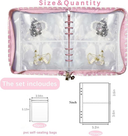 Jewelry Organizer Travel,Jewelry Storage Book with 40 Large PVC pouches,Portable Jewelry Organizer Zipper Bags for Necklaces Bracelet Rings and Earrings (front cover removable),Pink