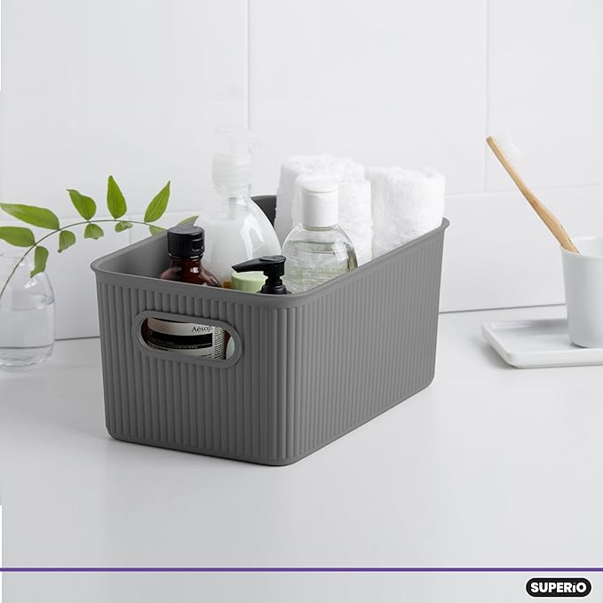 Decorative Plastic Basket Lidded Home Storage Bins Organizer Baskets, Medium Grey (1 Pack - 5 Liter) Stackable Container Box, for Organizing Closet Storage Bins for Shelves - Ribbed Collection