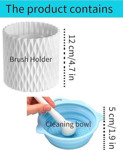 YLYZ Makeup Brush Holder with Cleaning Bowl, Makeup Brush Organizer Cosmetic Display Cases, Hair Brush Holder for Vanity, White