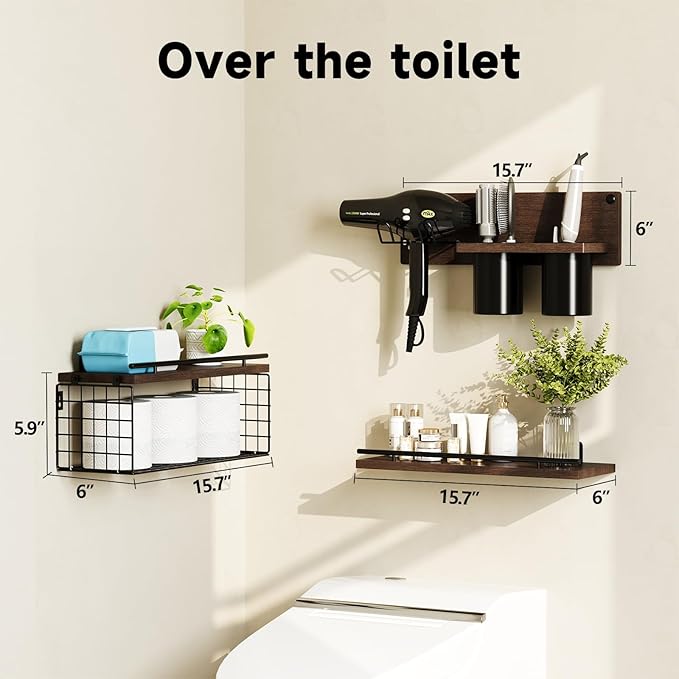 RoleDes Hair Tool Organizer Wall Mounted Set of 3 - Bathroom Floating Shelves with Blow Dryer Holder and Curling Iron Storage, Hair Dryer Hanger for Bathroom Wall, Modern Farmhouse Above Toilet Shelf