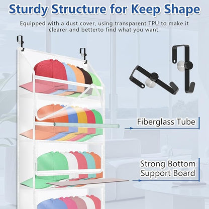 7-layer large capacity Hat Organizer, Hat Rack for Door With Dust Cover, Adjustable Hooks, And Transparent Visible Over The Door Hat Rack, Ideal for Home Organizatio