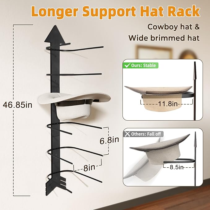 Cowboy Hat Holder for Wall, Cowboy Hat Rack Arrow Wood for 10 Baseball Caps and 5 Cowboy Hats, Western Wall Decor for Bedroom, Hat Organizer Hanger Storage for Entryway Closet Living Room, Black