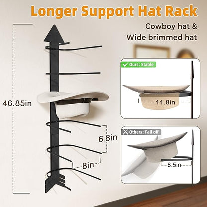 Cowboy Hat Holder for Wall, Cowboy Hat Rack Arrow Wood for 10 Baseball Caps and 5 Cowboy Hats, Western Wall Decor for Bedroom, Hat Organizer Hanger Storage for Entryway Closet Living Room, Black
