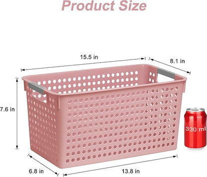 Soddeph Slim Plastic Storage Basket with Handles, Narrow Organizer box for Shelves, Organizer box for Organizing, Kitchen,Home,Office (Pink, Large)
