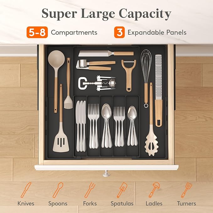 Lifewit Silverware Drawer Organizer, Expandable Utensil Tray for Kitchen, BPA Free Flatware and Cutlery Holder, Adjustable Plastic Storage for Spoons Forks Knives, 5-8 Slots, Black