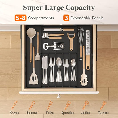 Lifewit Silverware Drawer Organizer, Expandable Utensil Tray for Kitchen, BPA Free Flatware and Cutlery Holder, Adjustable Plastic Storage for Spoons Forks Knives, 5-8 Slots, Black