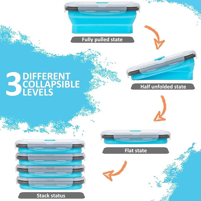 Collapsible Silicone Food Storage Containers Set with Lid & Air Vent,Foldable Lunch Containers(4PCS,Blue,17oz)