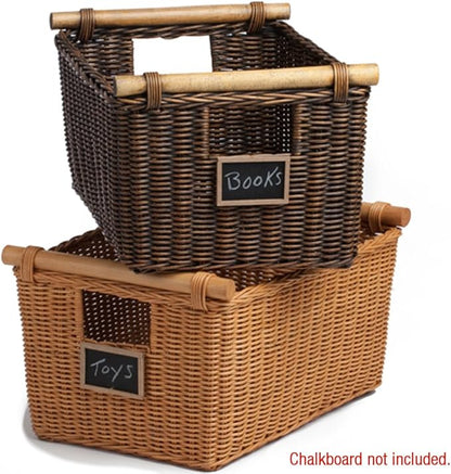 The Basket Lady Pole Handle Wicker Storage Basket, Extra Large, 20 in L x 16 in W x 10 in H, Antique Walnut Brown
