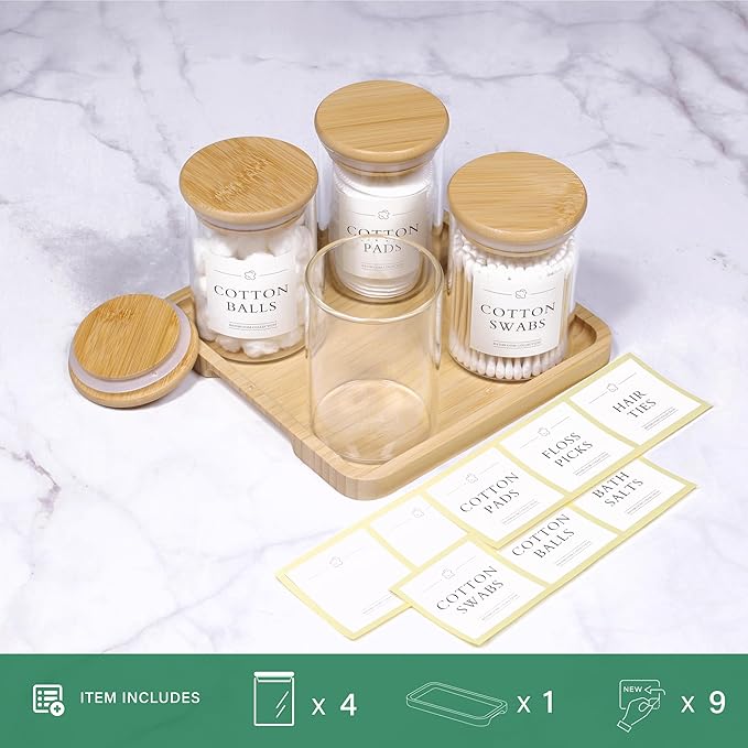 INIUNIK Qtip Holder with Vanity Tray - 4 Pack Glass Apothecary Jars with Lids, Cotton Ball Swab Pad Floss Pick Holder, Bathroom Organizers Jars Containers Canisters Accessories Set
