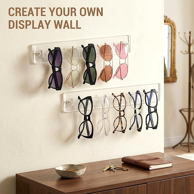 MyGift 13 Inch Premium Clear Acrylic Sunglasses Holder Wall Mounted Organizer Rack, Decorative Entryway Hanging Eyewear Display for Shades Reading Glasses Jewelry
