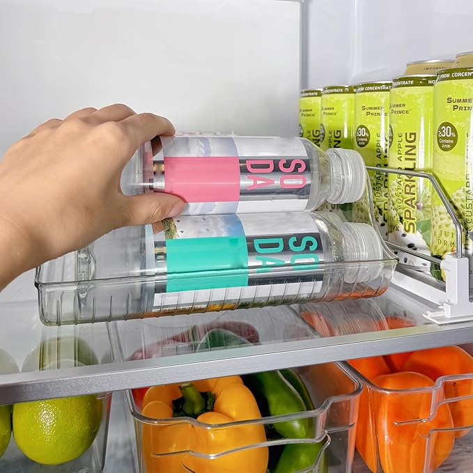 2 Pack Water Bottle Organizer Storage for Refrigerator, Fridge Drink Organizer Plastic Water Bottle Holder Dispenser Container Bin for Freezer Pantry Cabinet Kitchen -Clear
