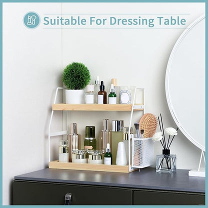 Bathroom Counter Organizer, 2-Tier Standing Storage Shelf with Basket, Wood Tray for Skincare Vanity Organizer(White)