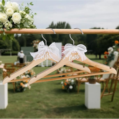 Bride Hanger for Wedding Dress Wooden Pearl Hangers with Pearl Ribbon Bow Elegant Bridal Mrs Wedding Dress Hanger, 2PCS Personalized Wedding Hangers (Burlywood)